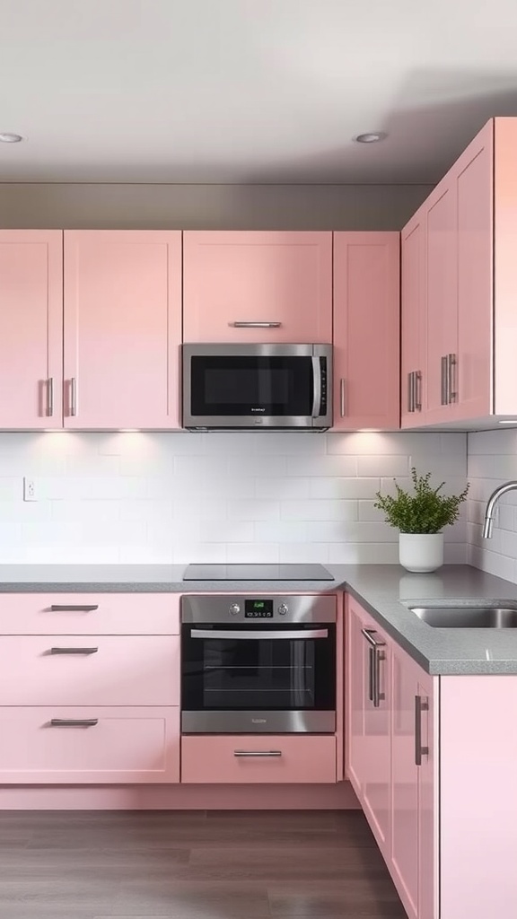 A modern kitchen with pink cabinetry and gray countertops.