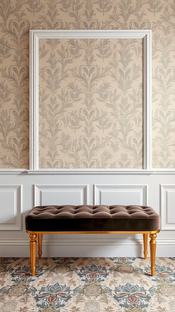 Chic velvet bench with gold accents in an elegant entryway
