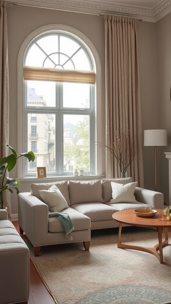 A contemporary living room featuring large windows with chic window treatments, a cozy sofa, and a stylish coffee table.