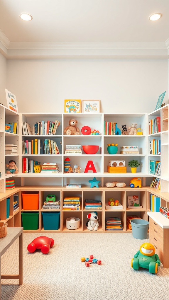 Colorful children's playroom with built-in shelves filled with toys and books