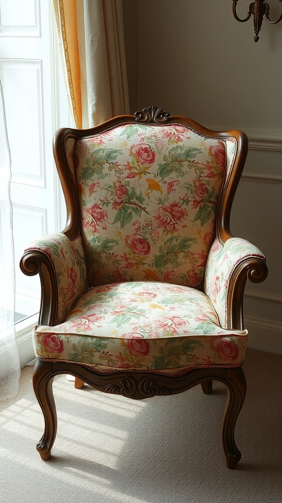 A vintage-style chair with chintz upholstery featuring pink and yellow roses, set near a window.