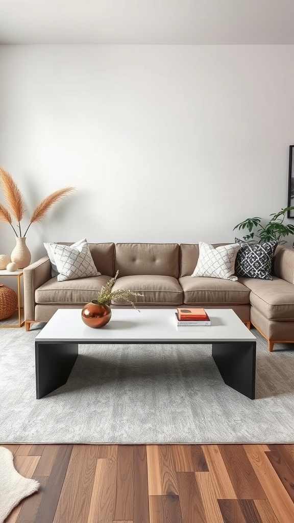 Modern sectional sofa with a stylish coffee table and soft decor elements.