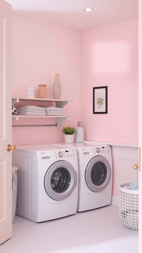 A bright laundry room with pink walls, white appliances, and stylish decor
