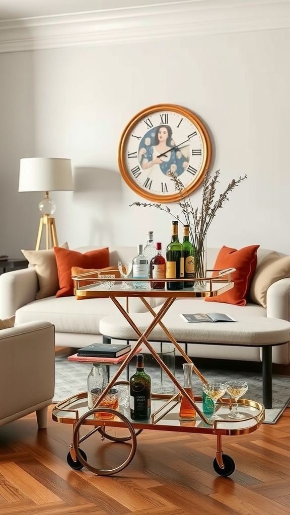 A stylish bar cart with a gold frame showcasing various bottles and glasses in a chic living room setting with a wall clock and cozy sofa.