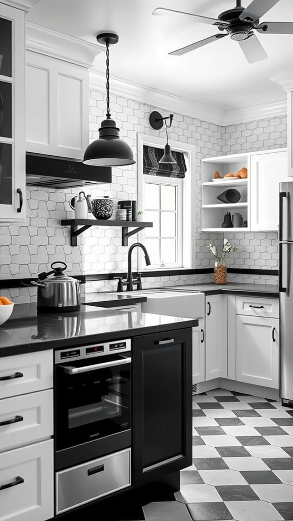 A black and white kitchen featuring modern cabinetry, a checkerboard floor, and stylish pendant lighting.