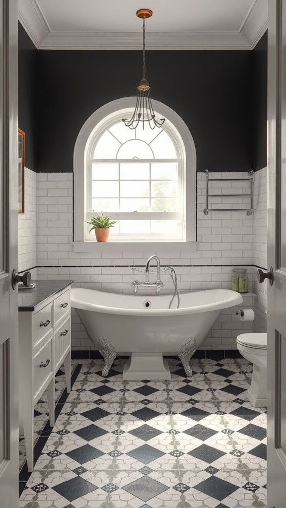A stylish bathroom featuring classic black and white tiles with a vintage bathtub and elegant chandelier.