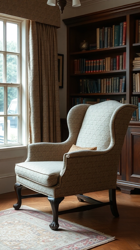 Classic Chippendale Armchair with high back and elegant curves, placed near a window with a view of bookshelves.