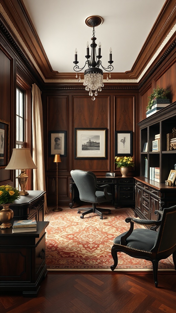 A classic home office with dark wood paneling, an elegant chandelier, and stylish furnishings.