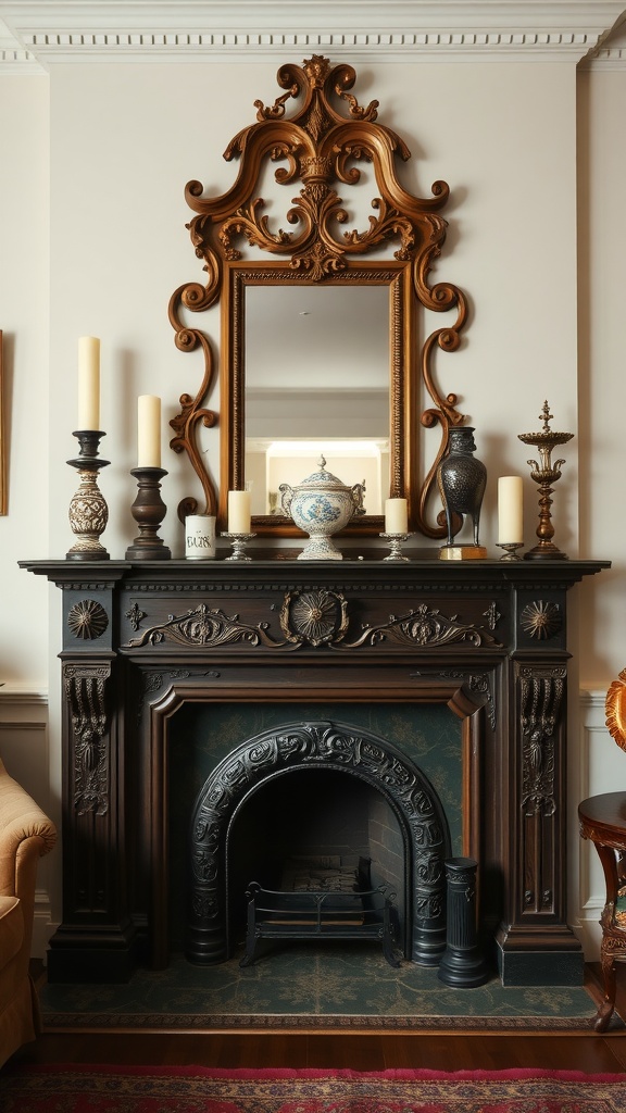 A classic Victorian fireplace mantel with ornate design, showing decorative items and a large mirror above.