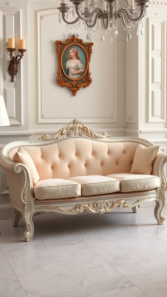 Classic French Provincial Couch with peach upholstery and intricate wooden frame in an elegant room setting