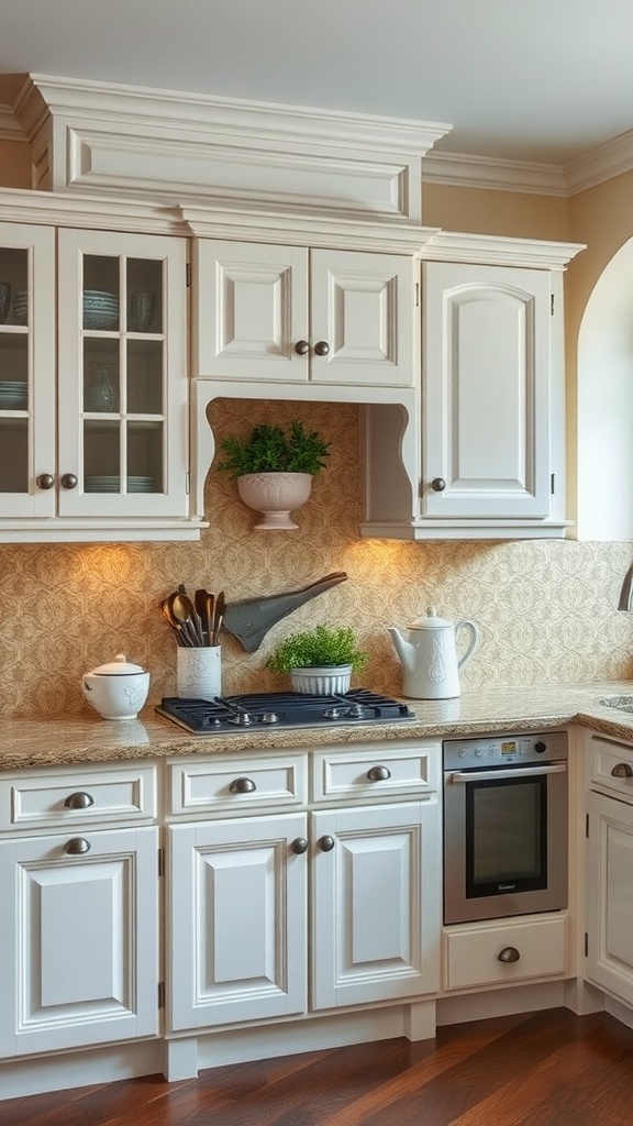 Kitchen cabinets in Classic French Provincial style with white finish and glass doors, featuring a cozy countertop setup.