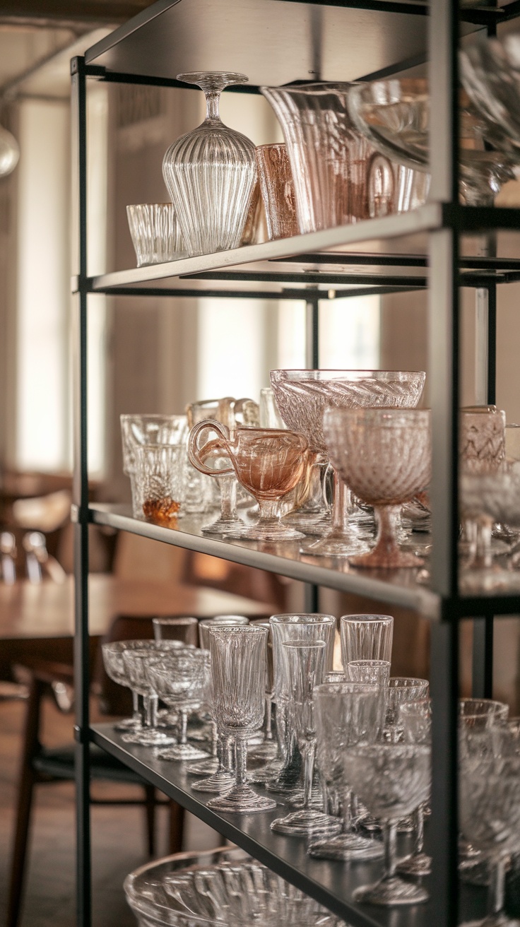 A wooden cabinet filled with various pieces of classic glassware, showcasing intricate designs and different shapes.