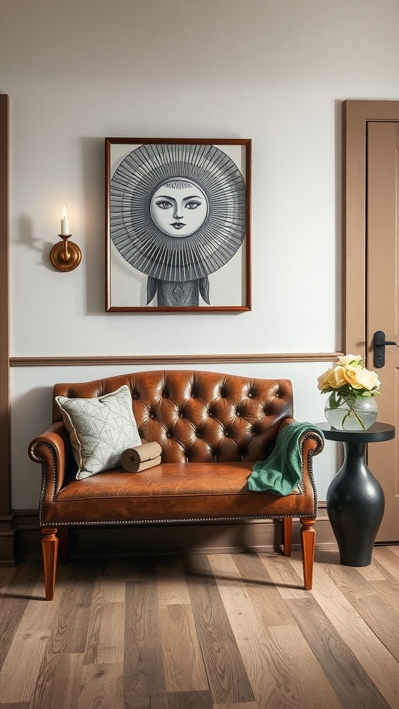 Classic leather bench with tufted design, decorated with pillows in an elegant entryway.
