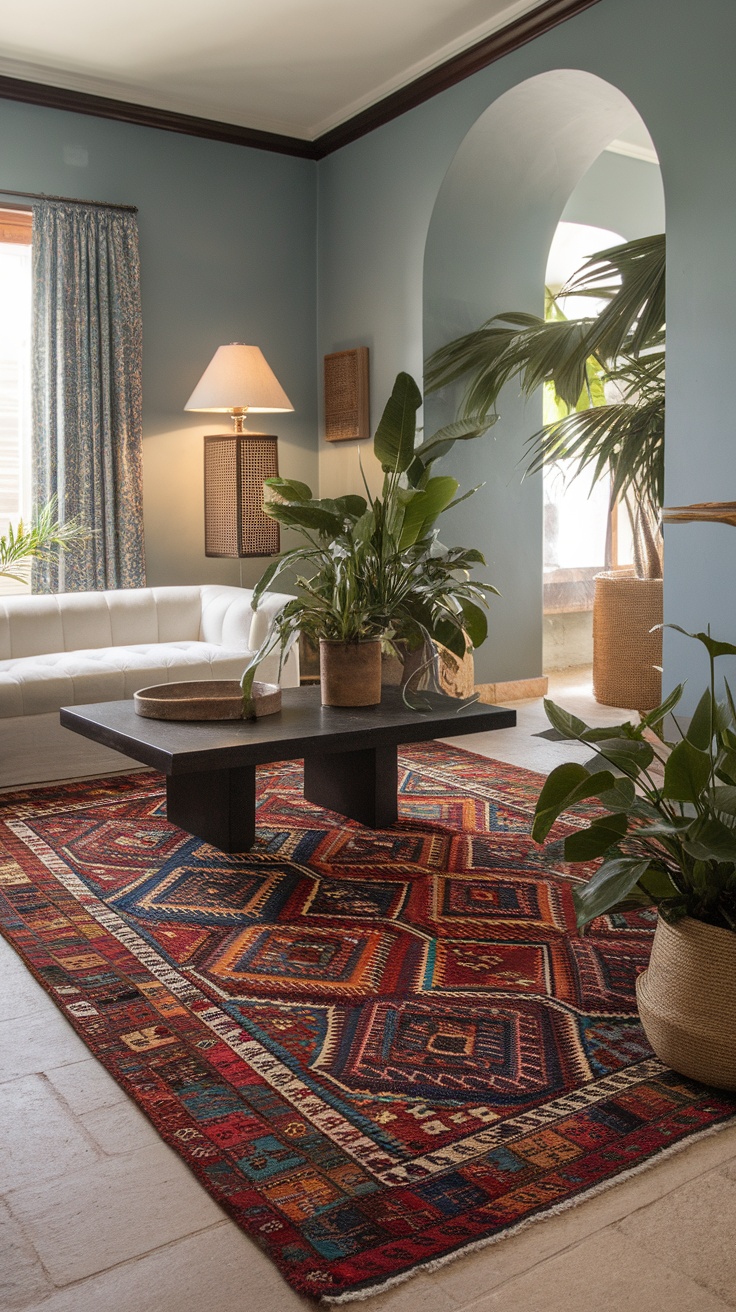 A cozy living room featuring a classic patterned rug in deep blue with red and gold designs, complemented by stylish furniture and decor.