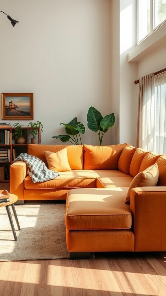 A vibrant orange sectional sofa in a bright living room, surrounded by plants and warm decor.