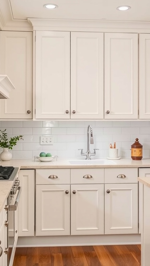 Classic Shaker style kitchen cabinets in white with wooden floor and modern faucet