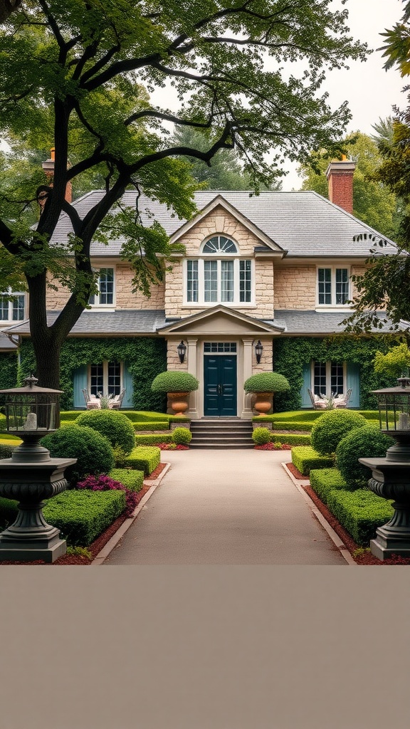 A classic French country home with stone and brick exterior surrounded by lush landscaping.