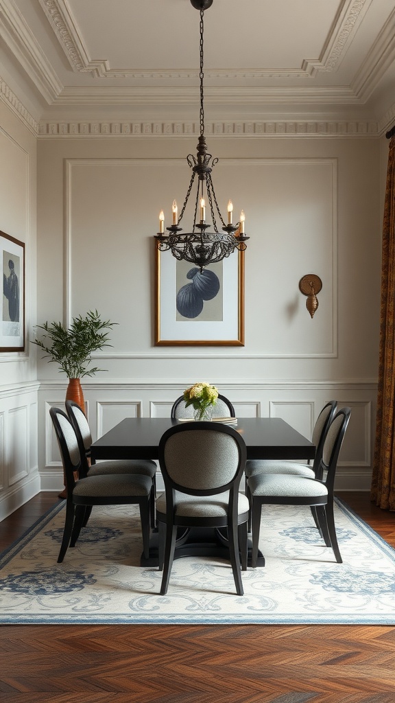 A dining room featuring elegant wainscoting, a chandelier, and a table set for dining.
