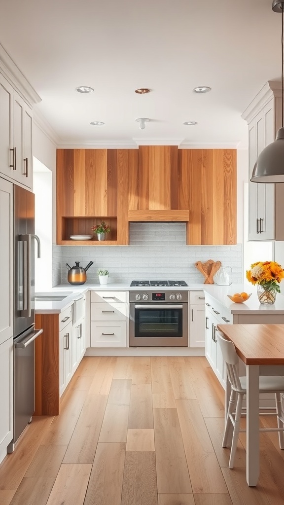 A bright kitchen featuring white cabinets and warm wooden accents, showcasing a cozy and inviting design.