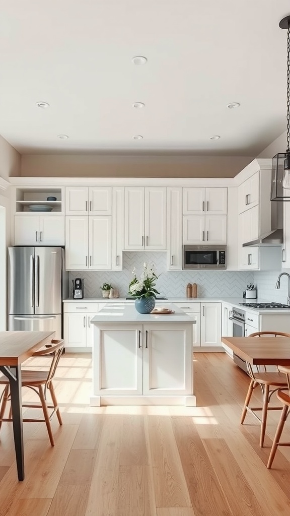 A bright open-concept kitchen featuring classic white cabinets and modern touches, with a central island and herringbone backsplash.