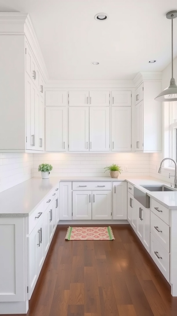 A bright kitchen featuring classic white shaker cabinets, a spacious countertop, and a warm wooden floor.