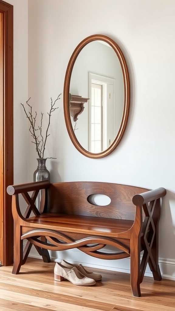 A classic wooden entryway bench with intricate designs and a mirror above it, styled with shoes beside it.