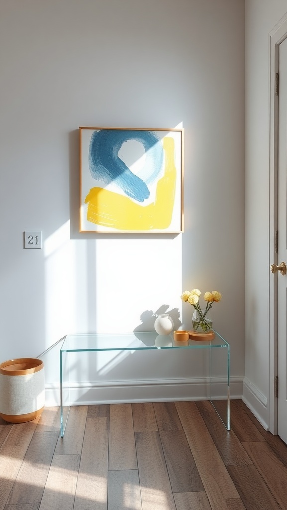 A clear acrylic bench in a well-lit entryway, complemented by a colorful abstract painting and decorative items.