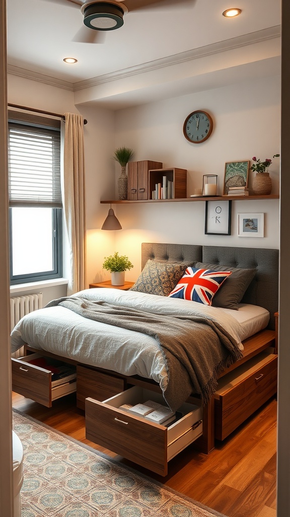 A cozy small bedroom with a bed that has storage drawers underneath, decorated with a throw and pillows, complemented by a shelf with books and plants.