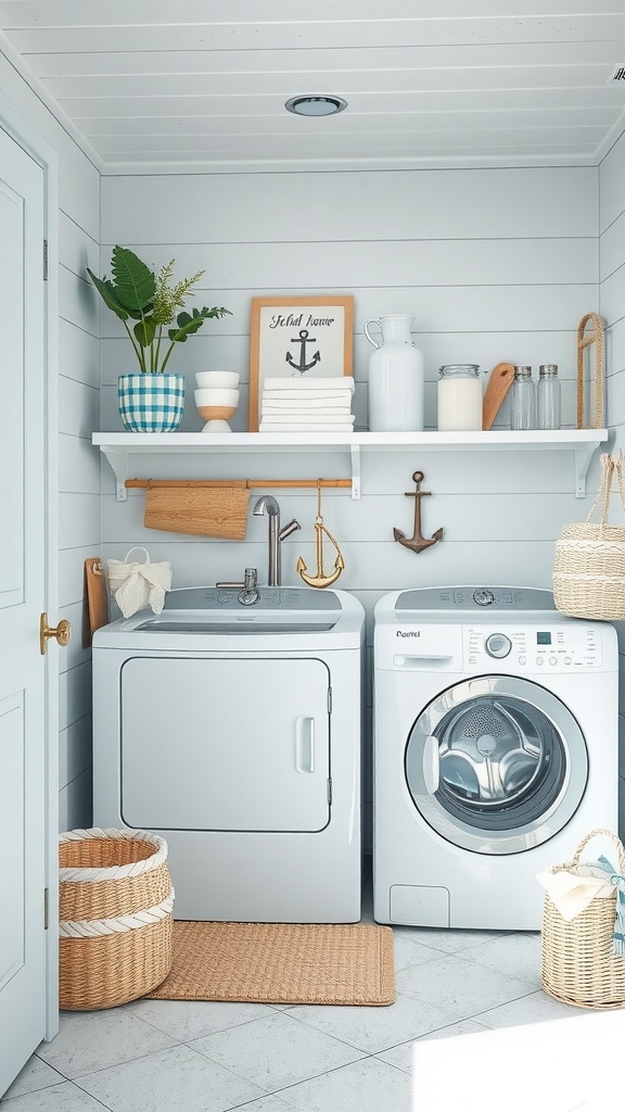 A coastal-inspired utility room featuring light blue shiplap walls, modern washer and dryer, and decorative elements like anchor framing and potted plants.