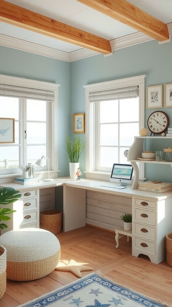 A beach-inspired home office with blue walls, wooden beams, and white furniture.