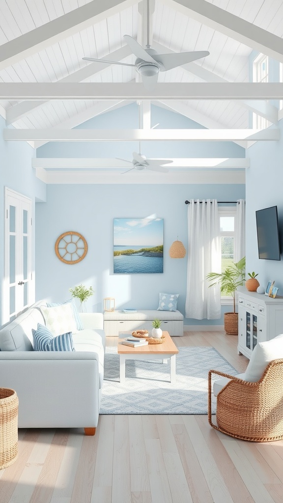A bright and airy coastal living room with soft blue walls, white furniture, and nautical decor.
