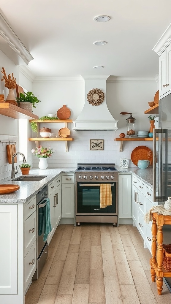 A bright coastal kitchen with white cabinetry, open shelving, and natural wood accents.