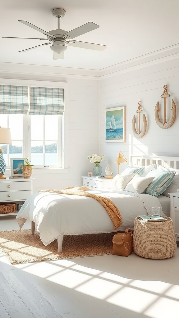 A bright coastal-themed bedroom with a white bed, blue accents, and nautical decor.
