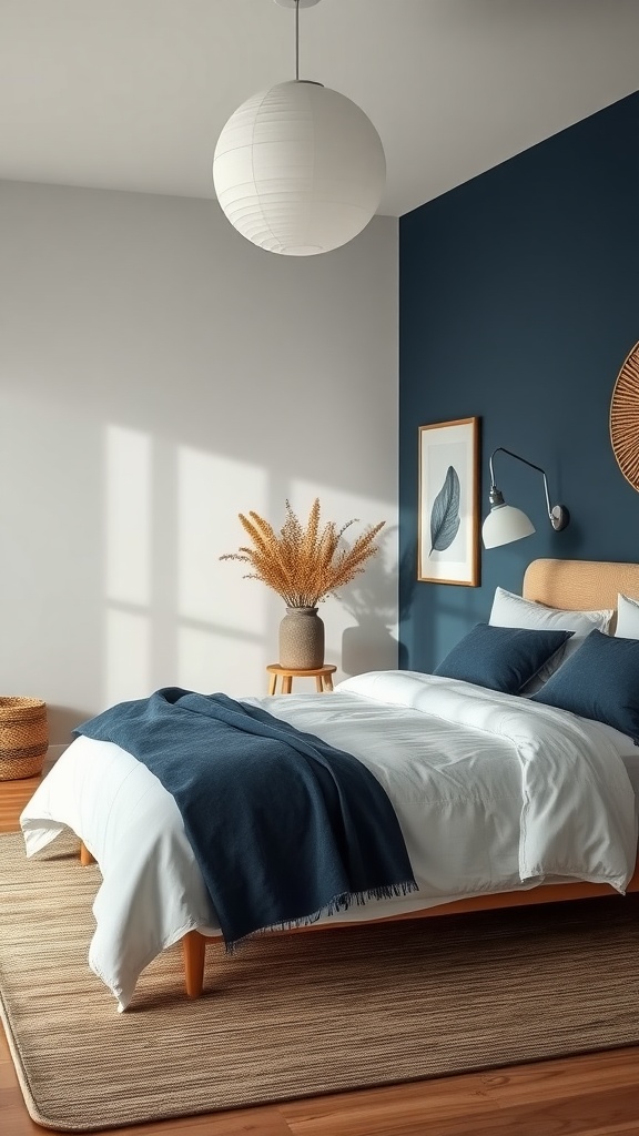 A calming coastal-inspired bedroom featuring a deep blue wall, cozy bedding, and natural decor elements.