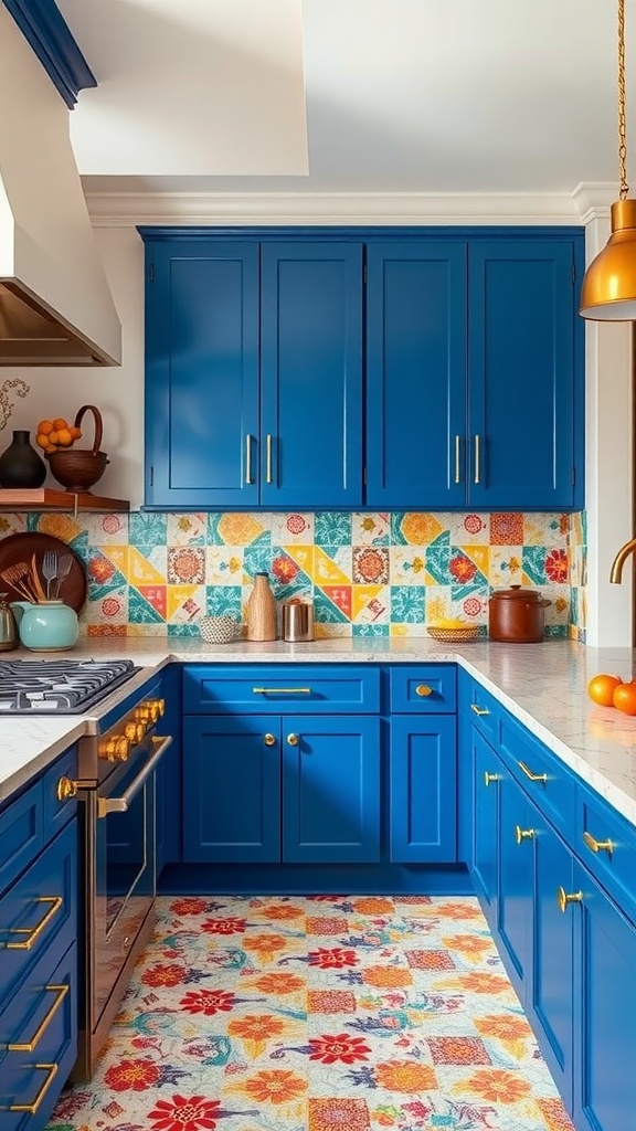 A vibrant kitchen featuring cobalt blue cabinets, colorful patterned tiles, and a bright rug.