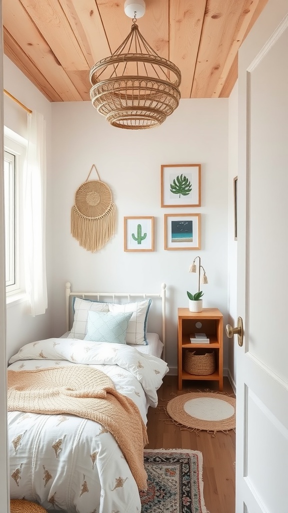 A small bedroom with a wooden ceiling, cozy bedding, a nightstand, and wall art.