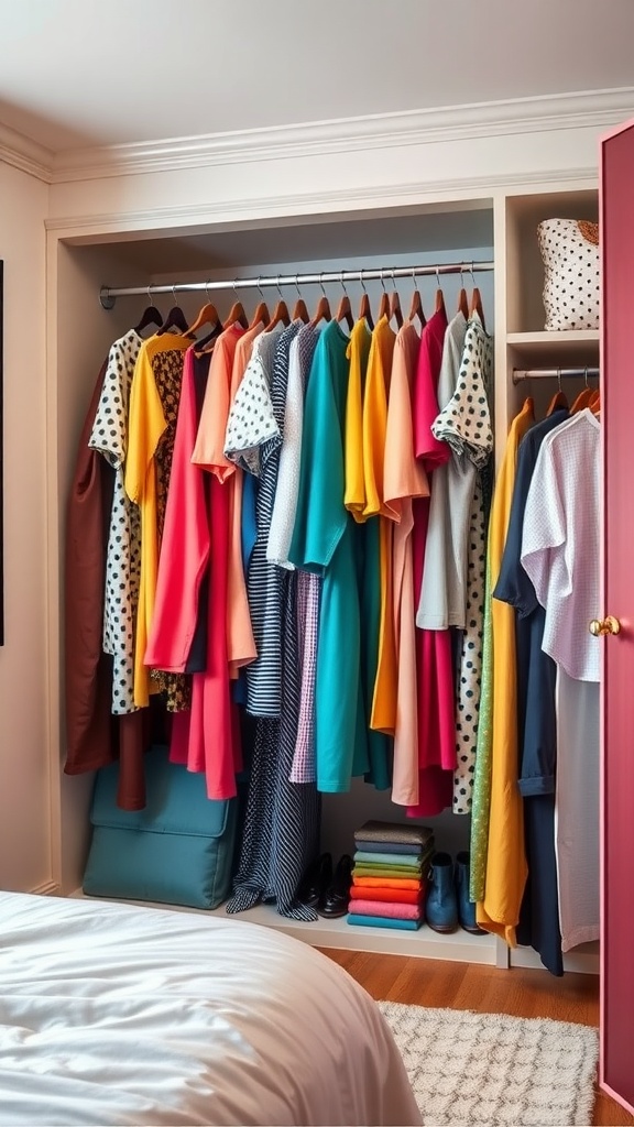 Color-coded clothing organization in a closet with vibrant shirts and folded garments.