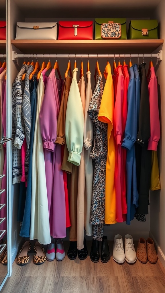 Color-coded closet with a variety of clothing and shoes arranged neatly