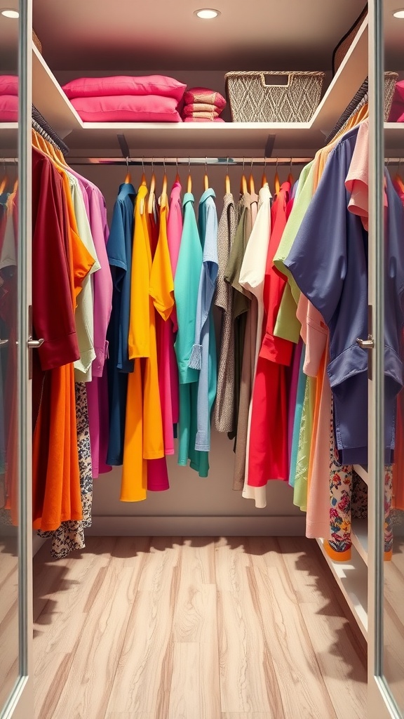 A walk-in closet with color-coded organization featuring vibrant shirts hanging and neatly folded items on shelves.