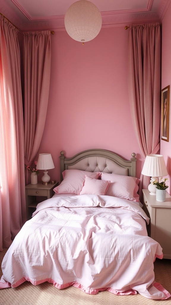 A cozy small bedroom with pink walls, matching curtains, and bedding.