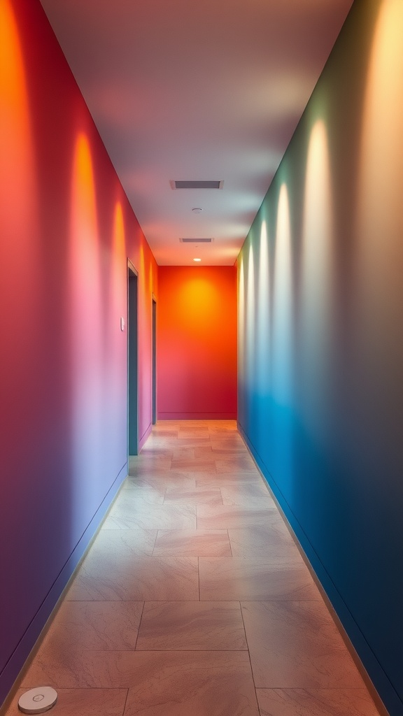 A vibrant hallway featuring a color gradient wall transitioning from red to green to blue, illuminated softly.