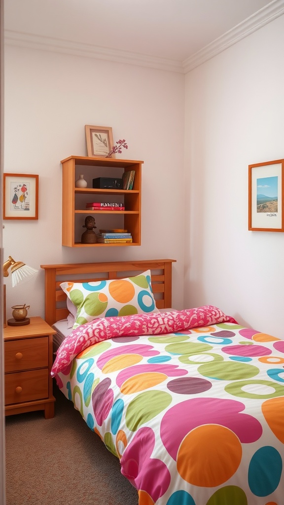 A small bedroom featuring colorful bedding with large circles in pink, green, orange, and blue, along with wooden furniture and simple decor.