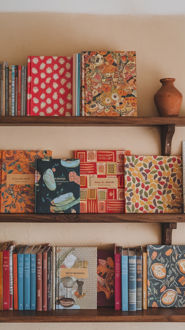 A shelf displaying colorful cookbooks with vibrant covers and a decorative jar