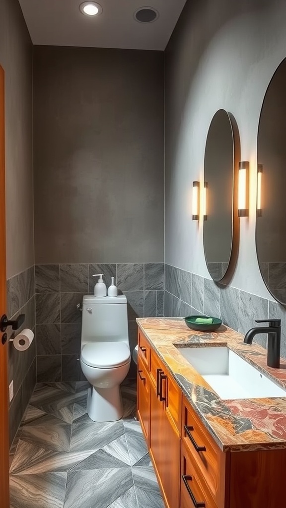 A modern bathroom featuring a colorful countertop with orange and gray tones.