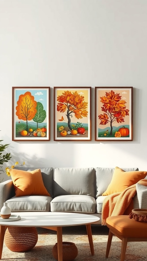 A cozy living room featuring colorful fall-themed art prints of trees and pumpkins.