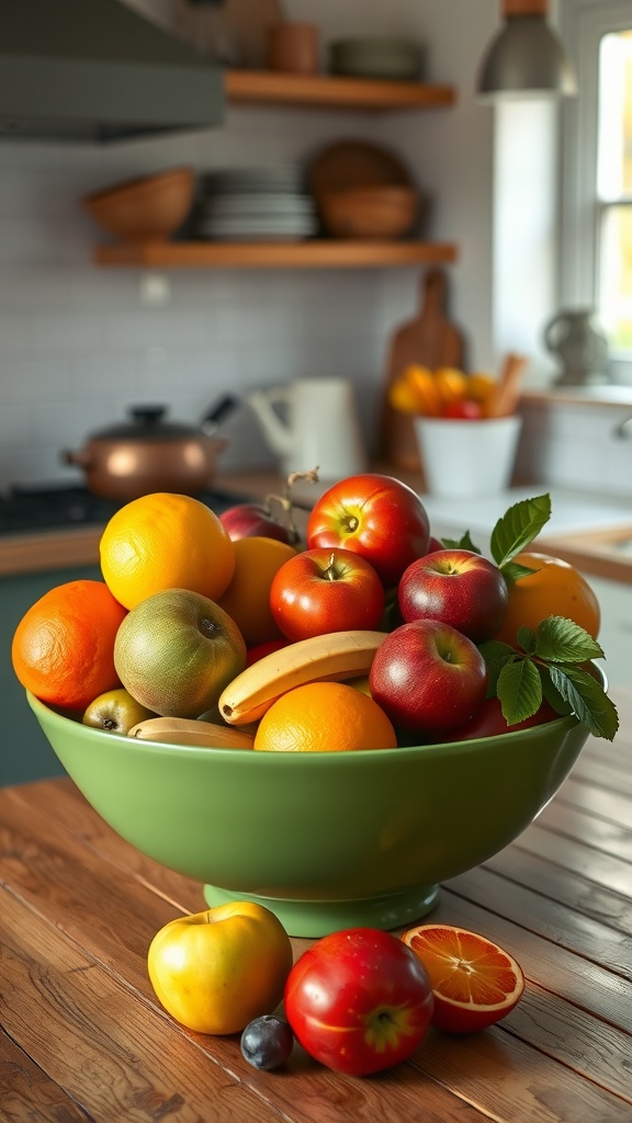 A colorful bowl filled with various fruits on a wooden kitchen table with a cozy farmhouse kitchen background.