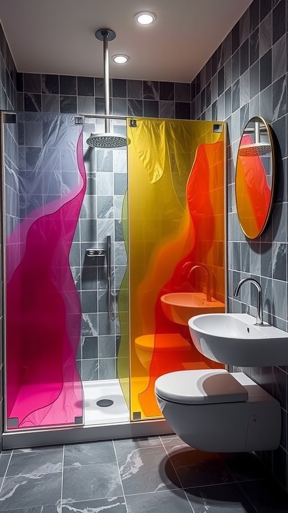 Colorful glass shower doors in shades of pink, orange, and yellow, set against dark gray tiles in a modern bathroom.