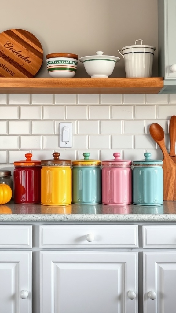 Colorful kitchen canisters in red, yellow, pink, and turquoise on a countertop with a wooden cutting board.