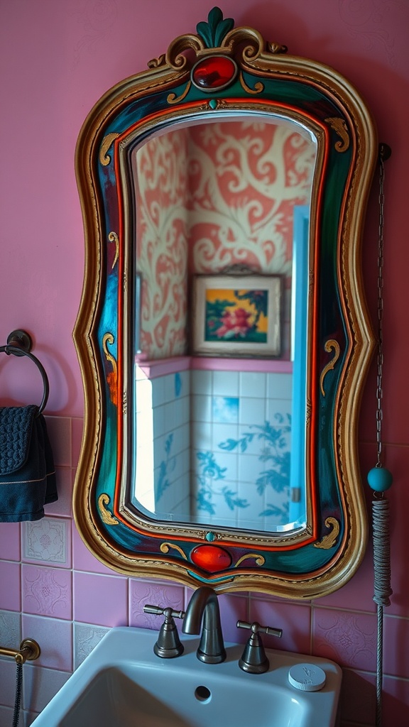 Ornate colorful mirror in a vibrant bathroom with pink walls and decorative tiles
