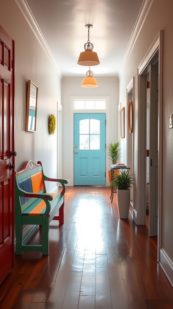 Colorful painted entryway bench with a mix of blue, orange, and green colors, positioned in a hallway with a red door and blue front door.